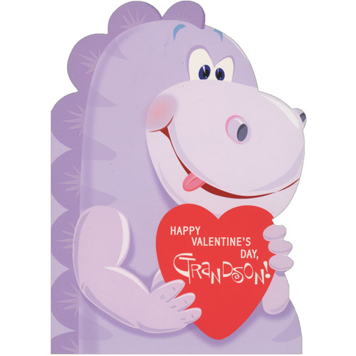 Cute Die Cut Purple Dinosaur with Spikes Holding Red Heart Juvenile Valentine's Day Card for Grandson: Happy Valentine's Day, Grandson!