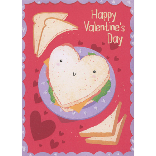 Smiley Faced Heart Sandwich, Purple Plate and Hearts on Red with Purple Border Juvenile Valentine's Day Card with Sticker Sheet for Kids: Happy Valentine's Day