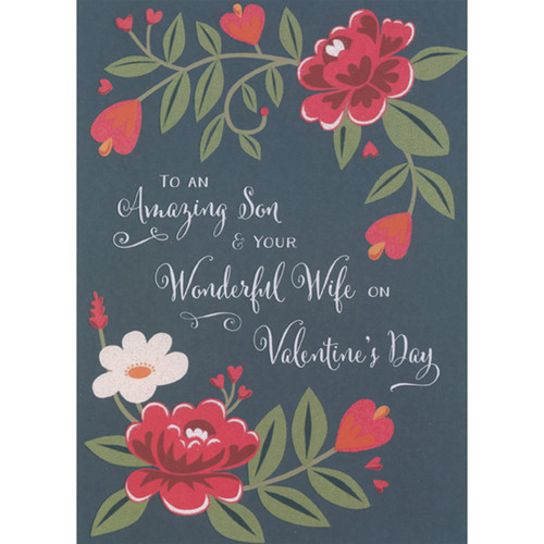 Two Branches of Red and White Flowers and Green Leaves on Dark Background Valentine's Day Card for Son and Wife: To An Amazing Son and Your Wonderful Wife On Valentine's Day