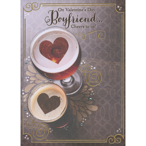 Die Cut 3D Drink with Heart Shape in Foam, Sequins and Gold Swirls Hand Decorated Valentine's Day Card for Boyfriend: On Valentine's Day, Boyfriend… Cheers to us!