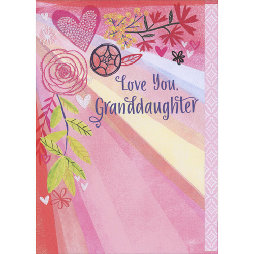 Pink, Yellow and Blue Diagonal Sunbeams and Sparkling Flower and Heart Juvenile Valentine's Day Card for Pre-Teen Grandaughter: Love You, Granddaughter