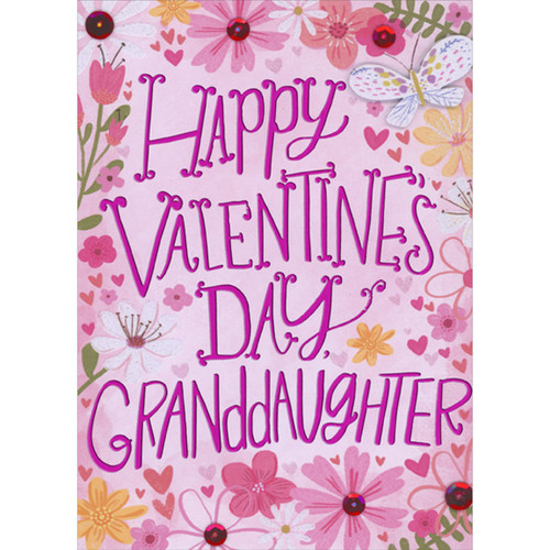 Bright Pink Foil Lettering, 3D Die Cut Butterfly, Red Sequins on Floral Background Hand Decorated Valentine's Day Card for Grandaughter: Happy Valentine's Day, Granddaughter