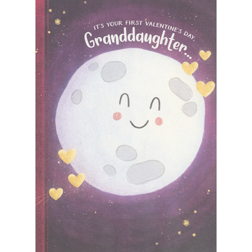 Smiling Moon Surrounded by Small Yellow Hearts 1st / First Valentine's Day Card for Granddaughter: It's Your First Valentine's Day, Granddaughter…