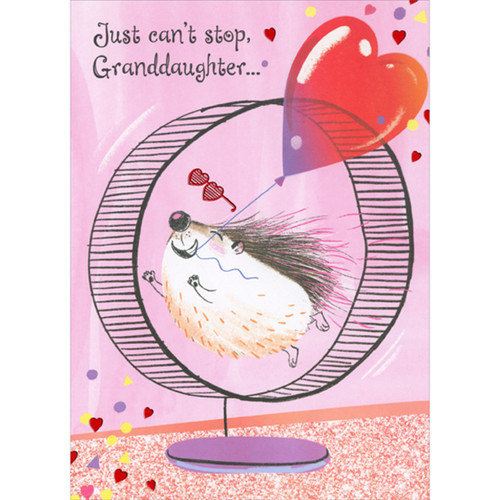 Cute Smiling Hedgehog Running on Wheel and Holding Heart Balloon String in Mouth Juvenile Valentine's Day Card for Granddaughter: Just can't stop, Granddaughter…