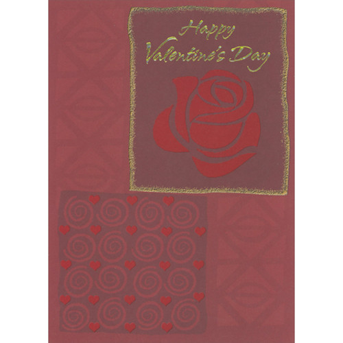 Dark Red Embossed Rose Inside Gold Foil Bordered Frame and Repeated Swirls and Hearts African American Valentine's Day Card: Happy Valentine's Day