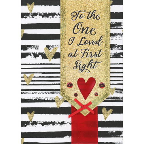 One I Loved at First Sight 3D Die Cut Banner, Red Ribbon Over Black and White Stripes Hand Decorated Valentine's Day Card for the One I Love: To the One I Loved at First Sight