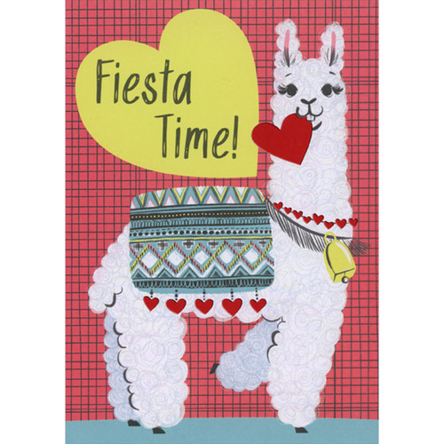 Fiesta Time: Llama Holding Red Heart in Mouth on Red and Black Grid Juvenile Valentine's Day Card: Fiesta Time!