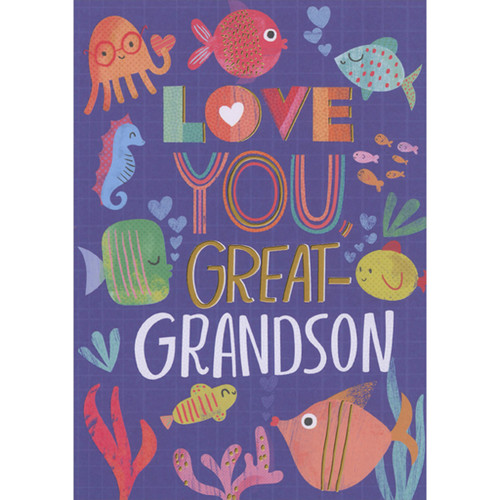 Colorful Smiley Faced Octopus, Seahorse, Fish and Coral on Purple Grid Juvenile Valentine's Day Card for Great-Grandson: Love You, Great-Grandson