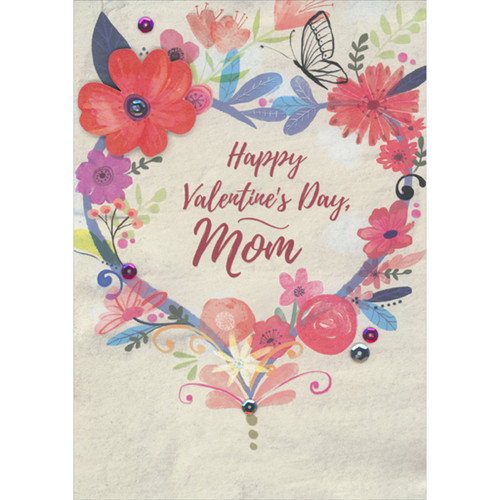 Heart Shaped Blue Stem and Flowers, 3D Die Cut Pink Flower with Sequin and Black Butterfly Hand Decorated Valentine's Day Card for Mom: Happy Valentine's Day, Mom