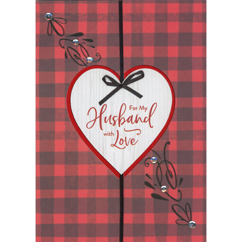 Red Foil Bordered 3D Die Cut Heart, Black Bow and String Over Red and Black Plaid Hand Decorated Valentine's Day Card for Husband: For My Husband with Love