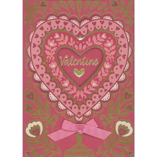 Concentric 3D Die Cut Ornate Hearts, Gold Foil Flowers and Pink Ribbon Hand Decorated Romantic Valentine's Day Card: Valentine