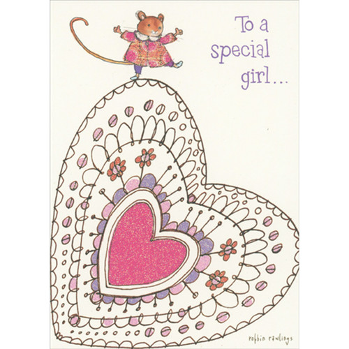 Mouse with Sparkling Coat Balancing on Concentric Hearts Valentine's Day Card for Girl: To a special girl...