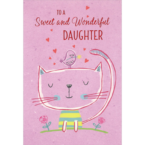 Bird Perched on Top of Closed Eyes Cat with Striped Shirt Valentine's Day Card for Daughter: To A Sweet and Wonderful Daughter