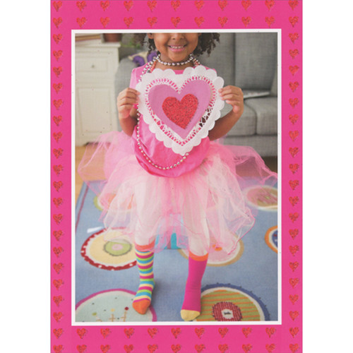 Girl in Pink Tutu Holding Scalloped Edge Heart with Sparkling Red Center Feminine Valentine's Day Card for Her