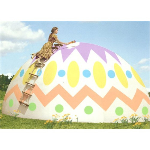 Woman Decorating Giant Egg Easter Card