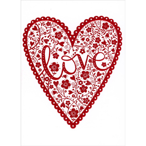 Red Foil Lacy Flowers and Curving Stems Love Heart Romantic Valentine's Day Card: LOVE