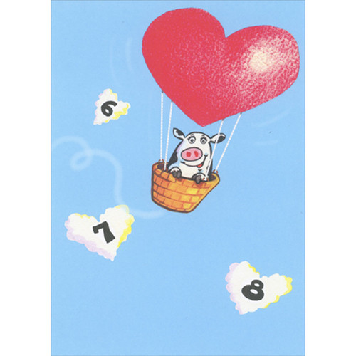 Cute Cow Flying in Heart Shaped Hot Air Balloon and Numbered Clouds Funny / Humorous Valentine's Day Card