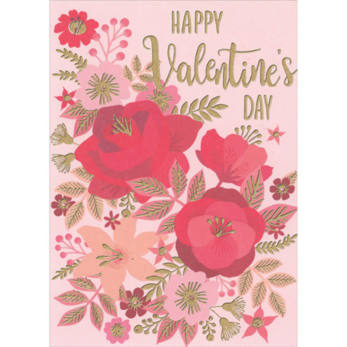 Pink, Peach and Red Flowers with Gold Foil Stems and Leaves Valentine's Day Card: Happy Valentine's Day