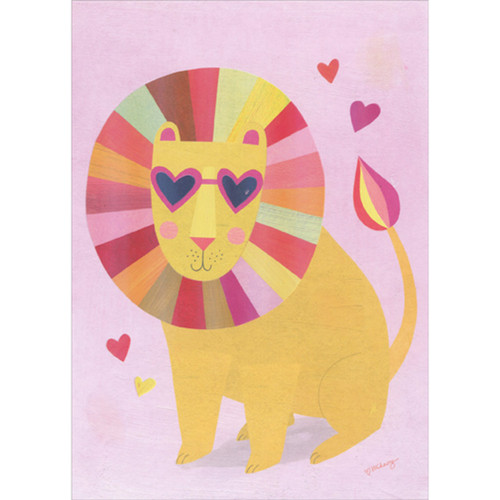 Lion with Colorfully Segmented Mane and Heart Shaped Sunglasses Valentine's Day Card for Kids