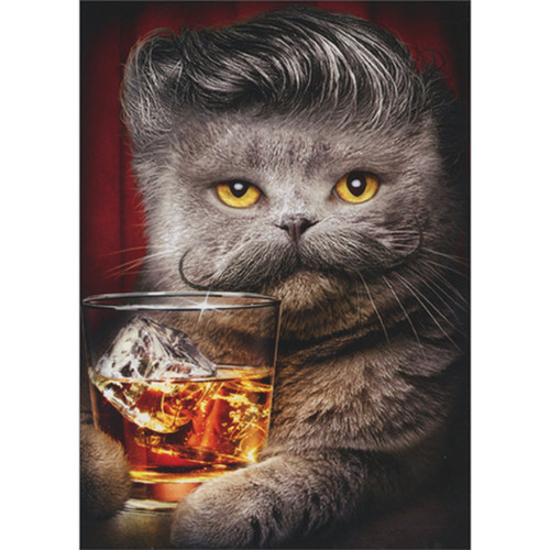 Gray Cat with Sweeping Hair, Handlebar Mustache and Drink Funny / Humorous Birthday Card for Man