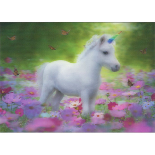 White Pony Unicorn and Pink Flowers Lenticular 3D Motion Birthday Card