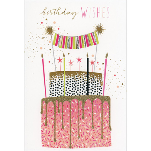 Sparkling Gold Frosted Pink Cake with Sparkler Candles Birthday Card: birthday WISHES