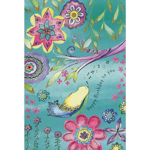Yellow and Green Bird with Blue Tail Near Pink Branch Birthday Card: Happy Birthday to you