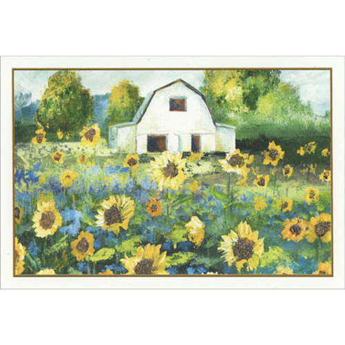 White Barn in Sunflower Field Birthday Card