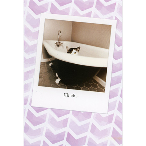 Black and White Cat Peeking from Bathtub in Instant Camera Photo Frame Funny / Humorous Birthday Card: Uh oh…