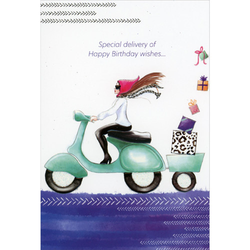 Special Delivery: Woman in Pink Scarf Driving Vespa Scooter Birthday Card: Special delivery of Happy Birthday wishes…