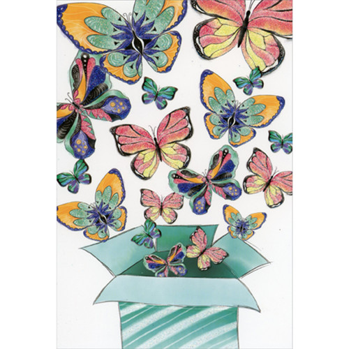 Shimmering Butterflies Emerging from Blue Striped Box Birthday Card
