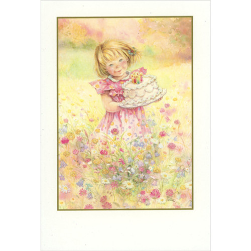 Smiling Blonde Girl Holding Cake in Field of Sparkling Flowers Feminine Birthday Card