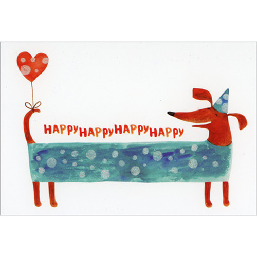 Long Dachshund in Dotted Blue Outfit with Heart Balloon Tied to Tail Funny / Humorous Birthday Card: HappyHappyHappyHappy