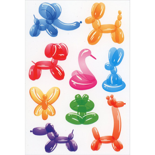Nine Colorful Balloon Animals on White Background Birthday Card