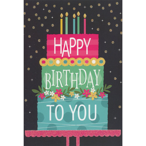 Neon Three Tier Birthday Cake Against Starry Night Sky Birthday Card: Happy Birthday to You