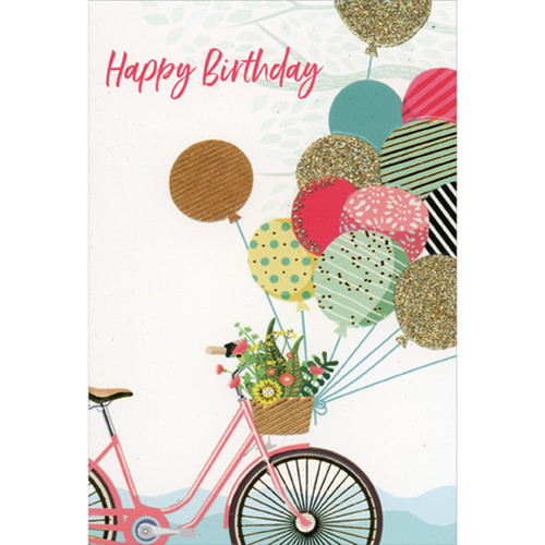 Pink Bike, Basket of Flowers and Bunch of Gold Foil Accented Balloons Birthday Card: Happy Birthday