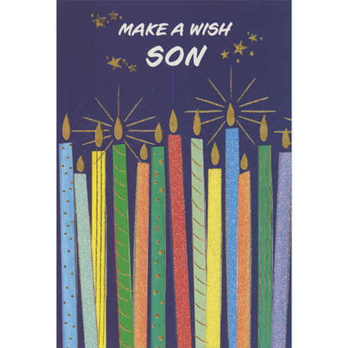 Tall Sparkling and Patterned Candles with Gold Foil Flames on Dark Blue Birthday Card for Son: Make a wish, Son