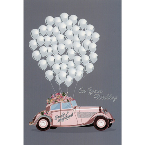 White Balloon Bunch Tied to Pink Antique Car Wedding Congratulations Card: On Your Wedding