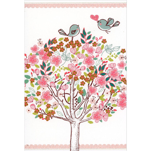 Blue Lovebirds on Top of Tree with Sparkling Pink and Gold Foil Flowers Wedding Anniversary Card