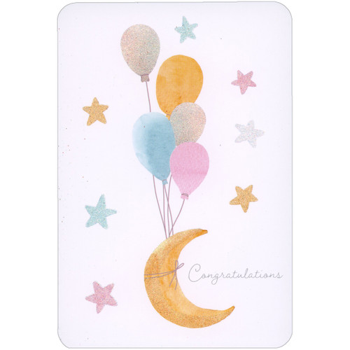 Sparkling Pastel Balloons Tied to Crescent Moon New Baby Congratulations Card: Congratulations