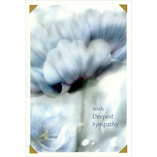 Closeup of Large Blue and White Flower and Gold Foil Tipped Corners Sympathy Card: With Deepest Sympathy