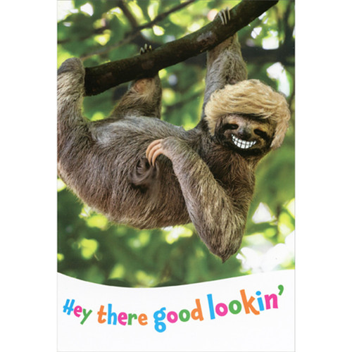 Hey There Good Lookin: Grinning Sloth Wearing Blonde Wig Funny / Humorous Birthday Card: Hey there good lookin'