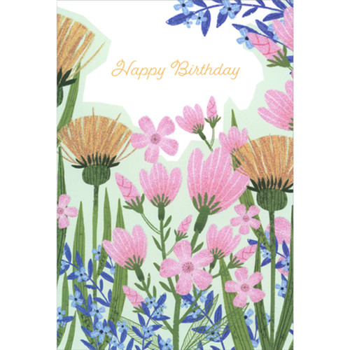Sparkling Pink, Yellow and Blue Wildflowers Feminine Birthday Card: Happy Birthday