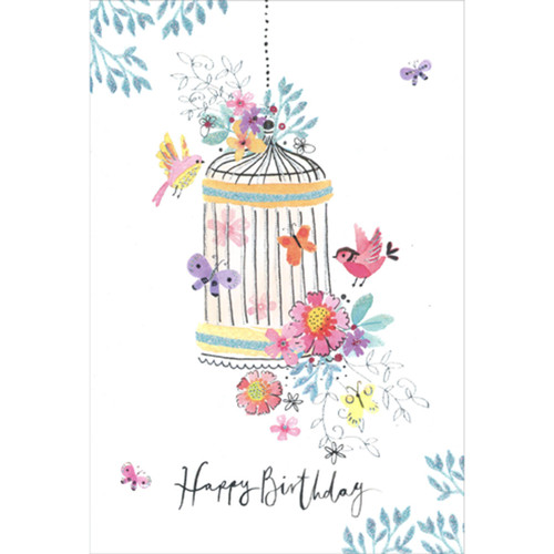 Pastel Birds and Flowers Surrounding Hanging Silver Foil Birdcage Feminine Birthday Card: Happy Birthday