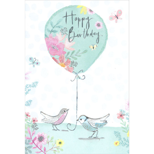 Silver Foil Lined Birds Holding Green Balloon with Floral Accents Birthday Card: Happy Birthday