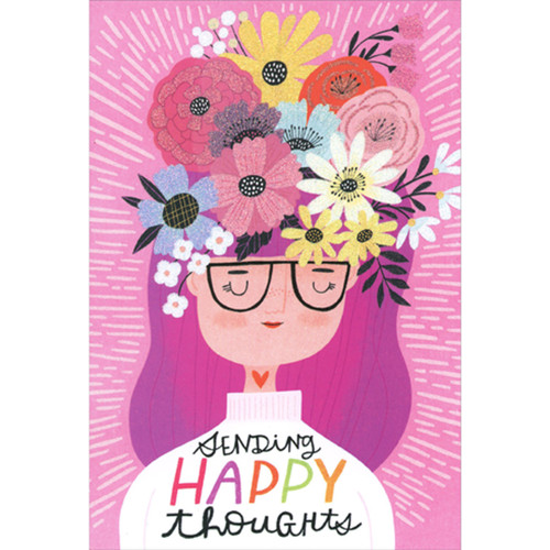 Sending Happy Thoughts: Girl with Flowers on Head Thinking of You Card: Sending HAPPY thoughts