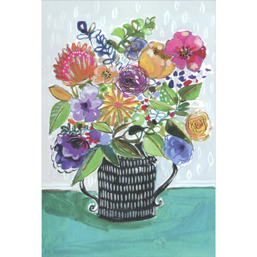 Cylindrical Two Handled Vase and Colorful Flowers with Gold Foil Accents Get Well Card