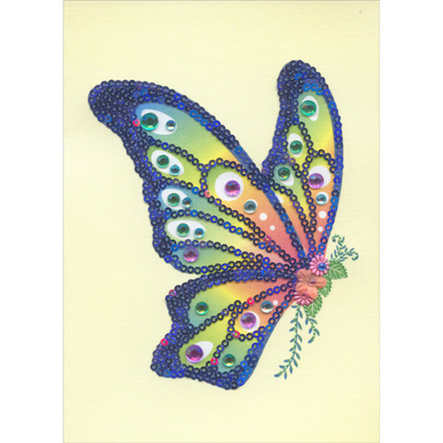 Colorful 3D Butterfly with Blue Sequins Wings, Pink and Green Gems and Florals Hand Decorated Blank Note Card