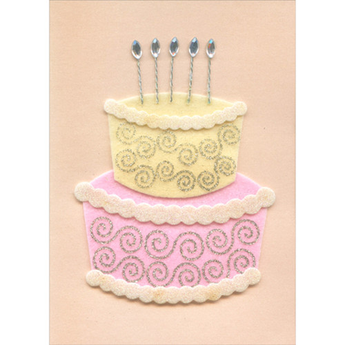 Two Tiered 3D Die Cut Pink and Yellow Cake with Glitter Swirls and Gem Candles Hand Decorated French Language Birthday Card