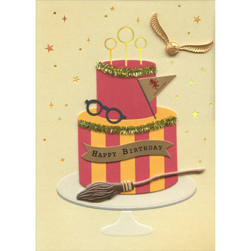 Harry Potter 3D Two Tier Quidditch Cake, Broom and Golden Snitch Hand Decorated Birthday Card: Happy Birthday
